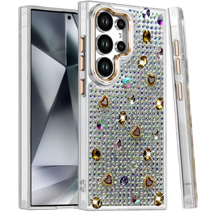 Phone Case for Samsung Galaxy S24 Ultra Chrome Fashion Hybrid Bling Diamond Heart Rhinestone Decorative Stones Sparkling Embellished Design Cover