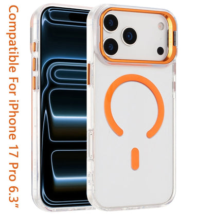 For Apple iPhone 17 Pro (6.3") Magnetic Back MagSafe Compatible Transparent Hybrid Drop Protection with Metallic Camera Stand Case Cover