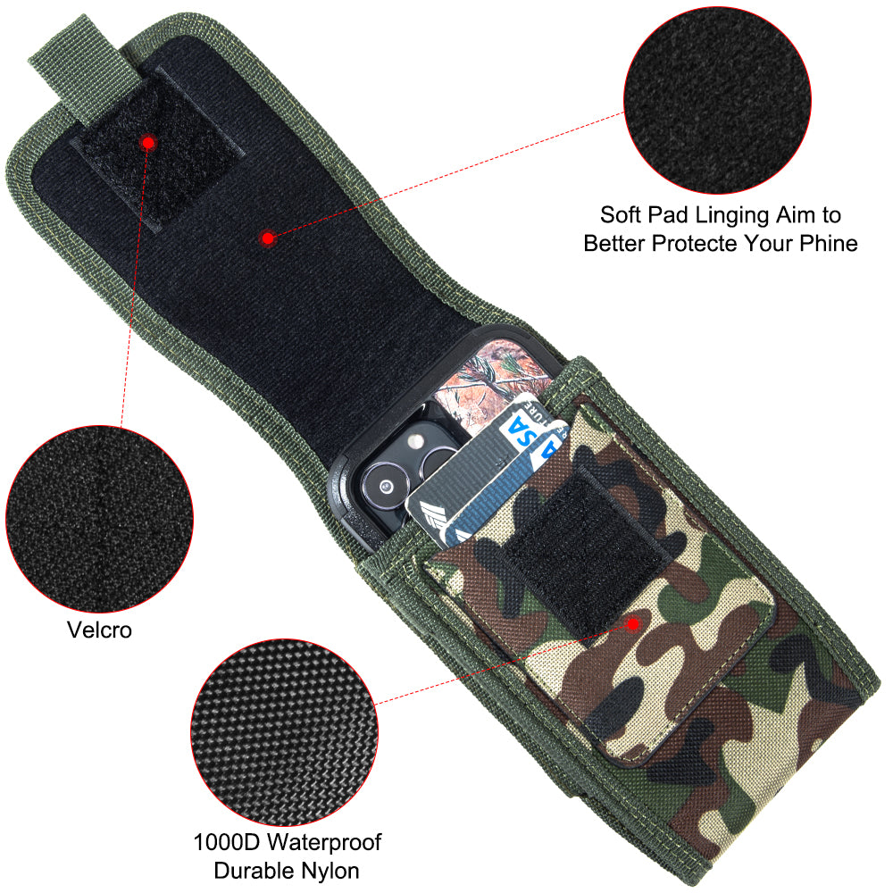 For Apple iPhone 16 Plus (6.7") Universal Vertical Pouch Case Camouflage Cell Phone Holster with Belt Clip Loop, Carabiner & Credit Card Slot Cover [Camo Green]