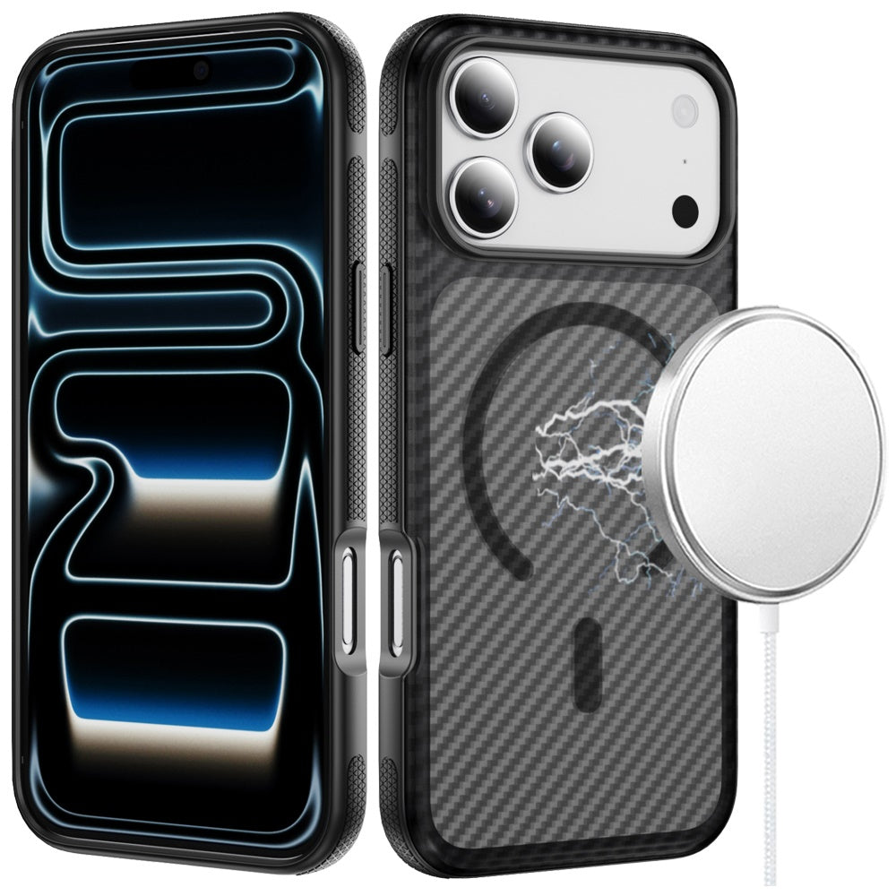 For Apple iPhone 17 Pro (6.3") Thick Carbon Design Magnetic Hybrid Drop Protection with Metallic Buttons & MagSafe Compatible Case Cover