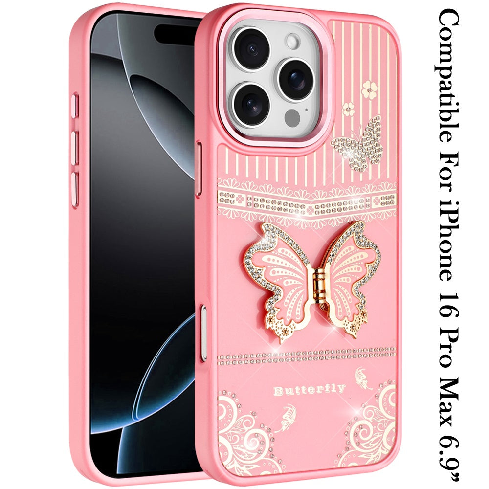 Phone Case for Apple iPhone 16 Pro Max Glitter Bling Butterfly Stand Metallic Edge Hybrid Shockproof Grip Durable Camera Protection Stylish Design Cover Light Pink