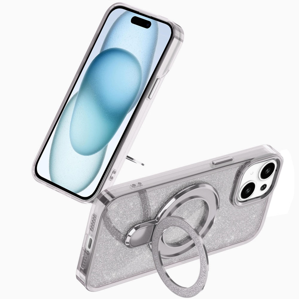 Phone Case for Apple iPhone 15 Plus Transparent Glitter Bling Magnetic Ring Stand Shockproof Anti Slip Rotating Grip Protective Hybrid Durable Armor Cover