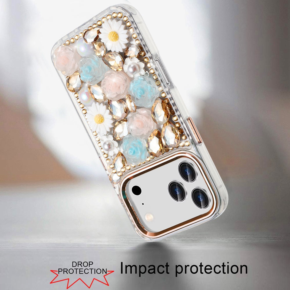 For Apple iPhone 17 Pro Max (6.9") Fashion Daisy Floral Series, Full 3D Bling Crystal Diamonds Sparkling Rhinestone Glitter Hybrid Design Case Cover