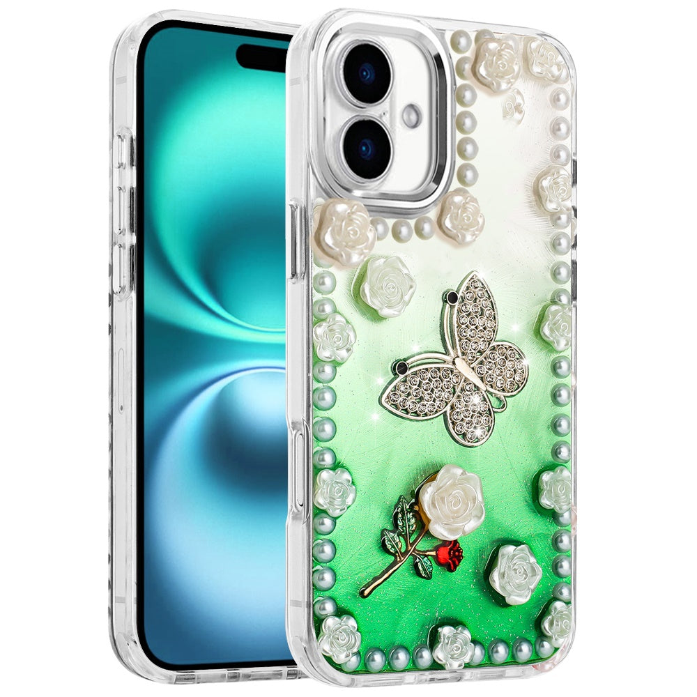 For Apple iPhone 17 (6.3") Bling Fashion Design with 3D Pearls Epoxy Glitter Ornaments Chrome Edge Hard Slim PC Case Cover