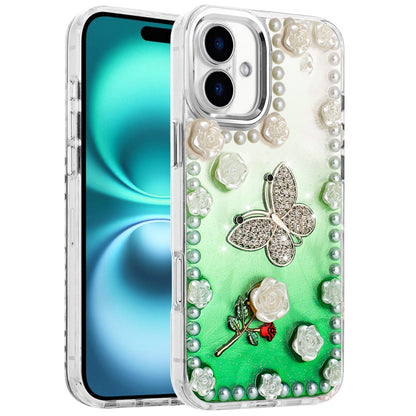 For Apple iPhone 17 (6.3") Bling Fashion Design with 3D Pearls Epoxy Glitter Ornaments Chrome Edge Hard Slim PC Case Cover