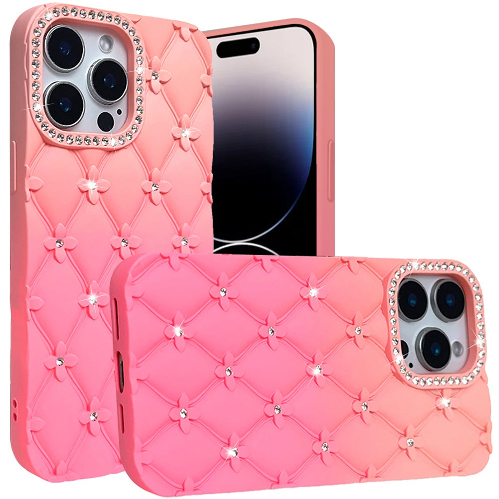 For Apple iPhone 16 Pro Max (6.9") Fashion Flower Design Sparkle Glitter Shimmer Rhinestone Bling Leather Feel Thick TPU Rubber Hard PC Case Cover