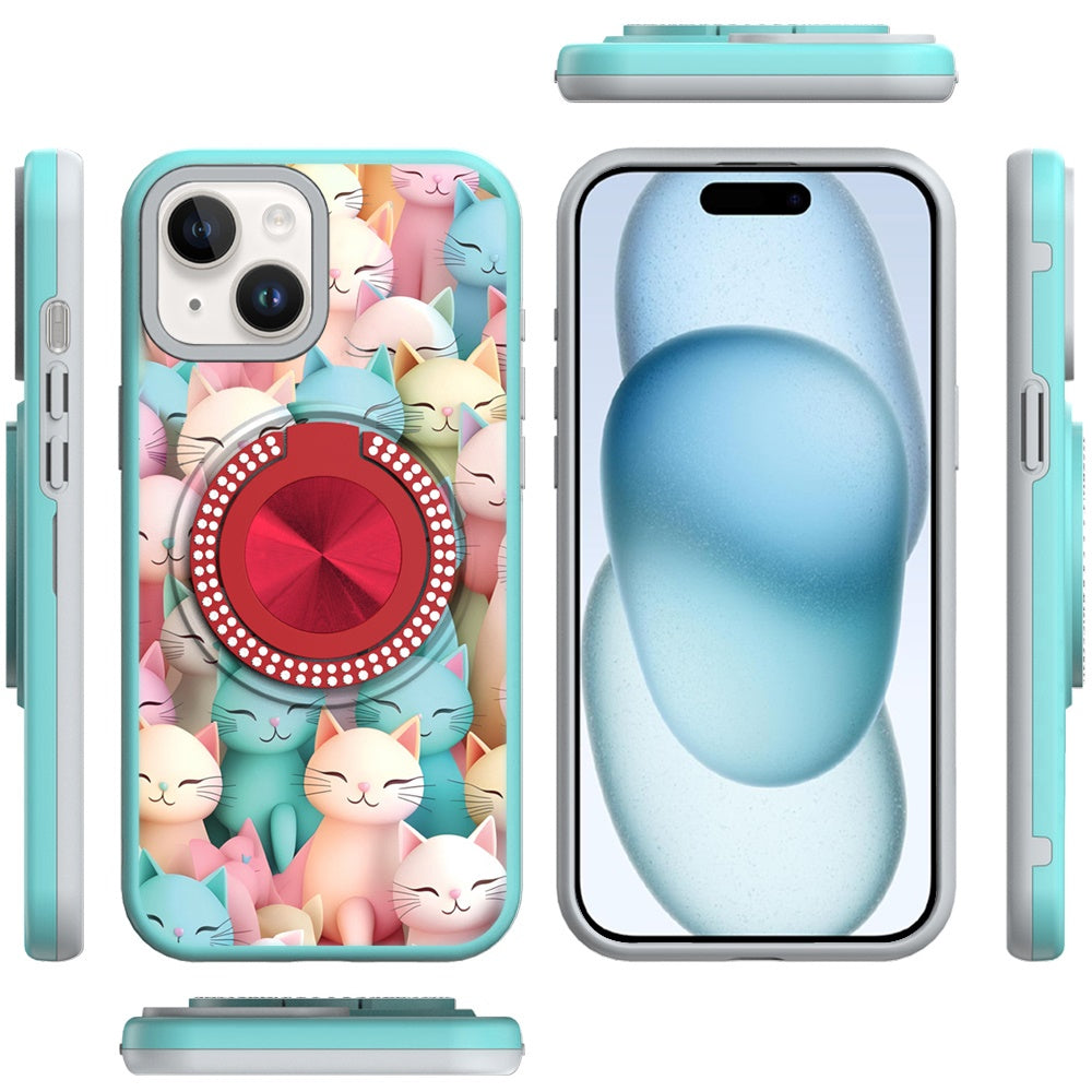 Phone Case for iPhone 15 Magnetic Ring Stand Matte Metal Hybrid Car Mount Friendly Shockproof Rotational Grip Diamond Design Pattern Cover