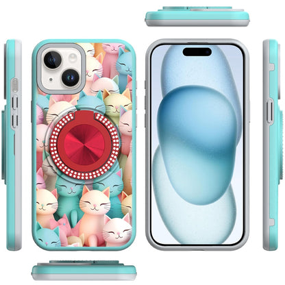 Phone Case for iPhone 15 Magnetic Ring Stand Matte Metal Hybrid Car Mount Friendly Shockproof Rotational Grip Diamond Design Pattern Cover