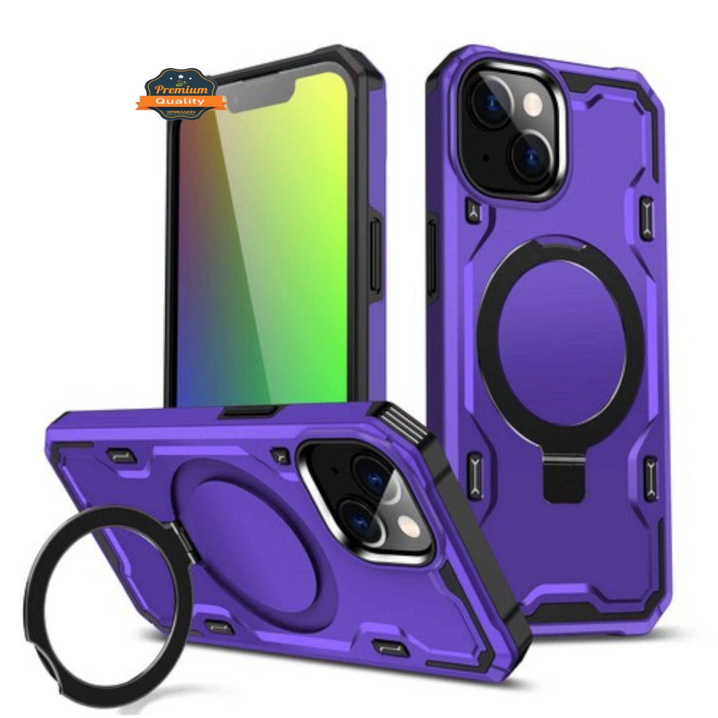 For Apple iPhone 15 Plus (6.7") Hybrid Magnetic Ring Stand Invisible Foldable Military Grade Shockproof Fit with Magsafe  Phone Case Cover