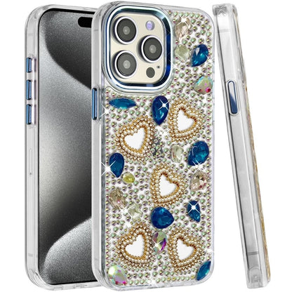 Phone Case for Apple iPhone 15 Pro Max Luxury Crystal Heart Rhinestone Diamond Bling Shockproof Hybrid Glitter Protective Stylish Durable Grip Cover