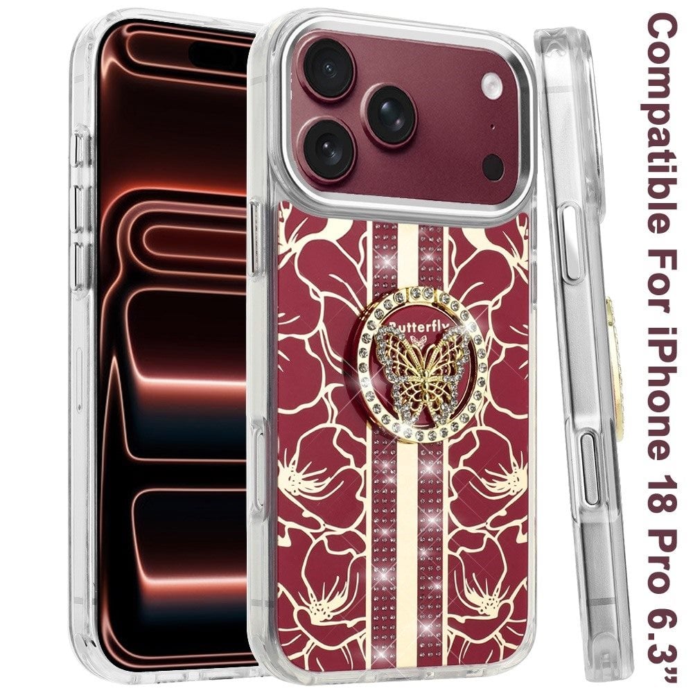 Phone Case for Apple iPhone 18 Pro Floral Butterfly Ring Stand Glitter Bling Shockproof Hybrid Luxury Fashion Protective Anti Slip Durable Grip Cover