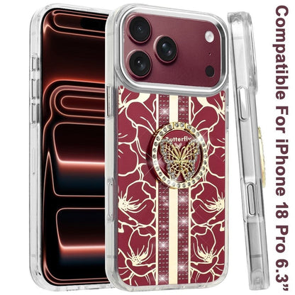 Phone Case for Apple iPhone 18 Pro Floral Butterfly Ring Stand Glitter Bling Shockproof Hybrid Luxury Fashion Protective Anti Slip Durable Grip Cover