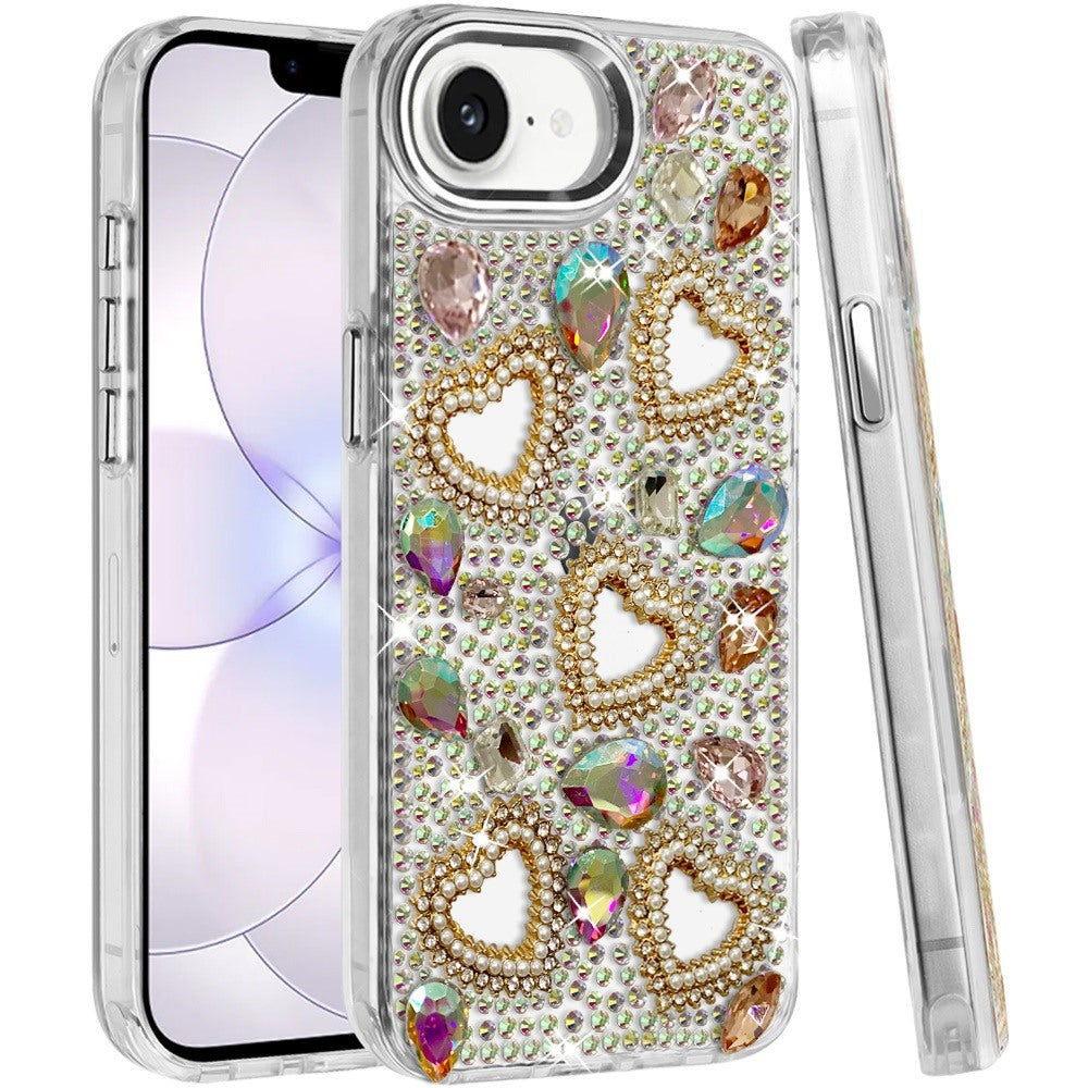 Phone Case for Apple iPhone 16 E (6.1") Luxury Crystal Heart Rhinestone Diamond Bling Shockproof Hybrid Glitter Protective Stylish Durable Grip Cover