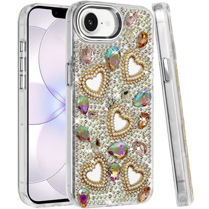 Phone Case for Apple iPhone 16 E (6.1") Luxury Crystal Heart Rhinestone Diamond Bling Shockproof Hybrid Glitter Protective Stylish Durable Grip Cover