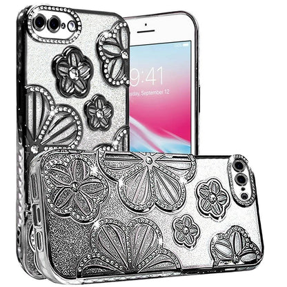 For Apple iPhone 8 Plus/7 Plus Luxury Floral Design Sparkle Glitter Diamond Crystal Rhinestone Shimmer Bling Plating Thick TPU Hard PC Case Cover