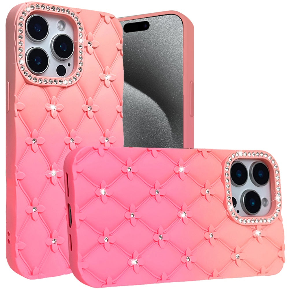 Phone Case for iPhone 15 Pro Max (6.7") Floral Glitter Shimmer Bling Hybrid Shockproof Anti Slip Thick TPU Protective Stylish Design Cover Orange/Pink