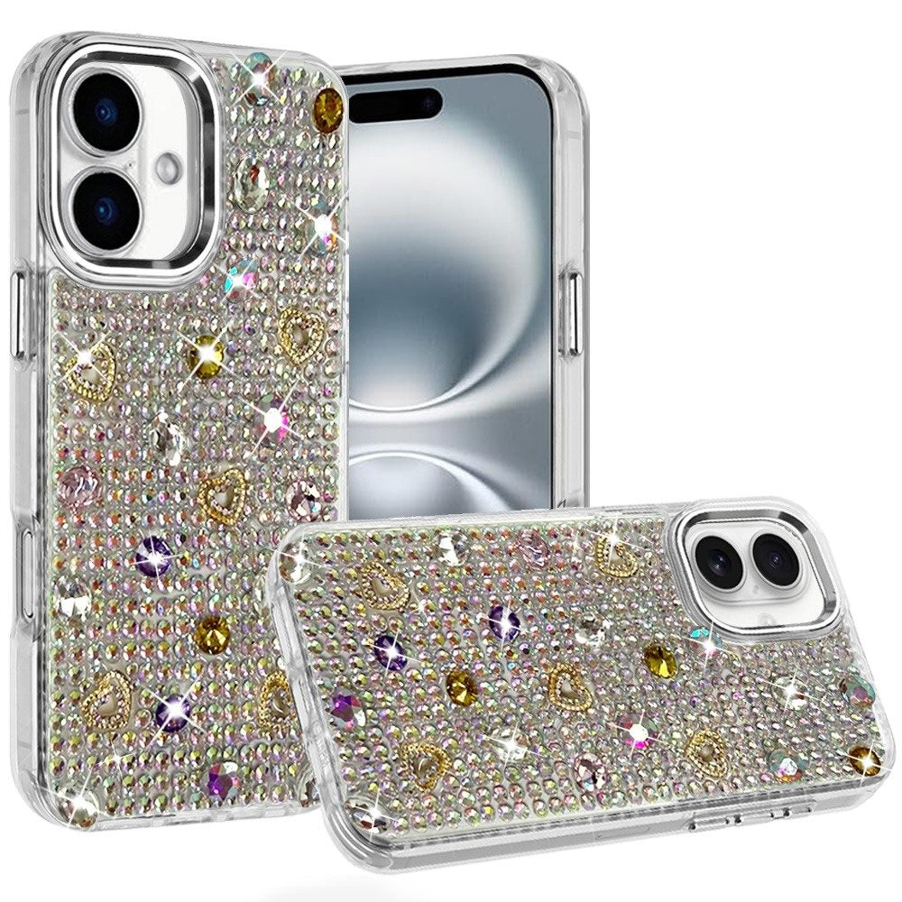 Phone Case for Apple iPhone 16 Chrome Fashion Hybrid Bling Diamond Heart Rhinestone Decorative Stones Sparkling Embellished Design Cover