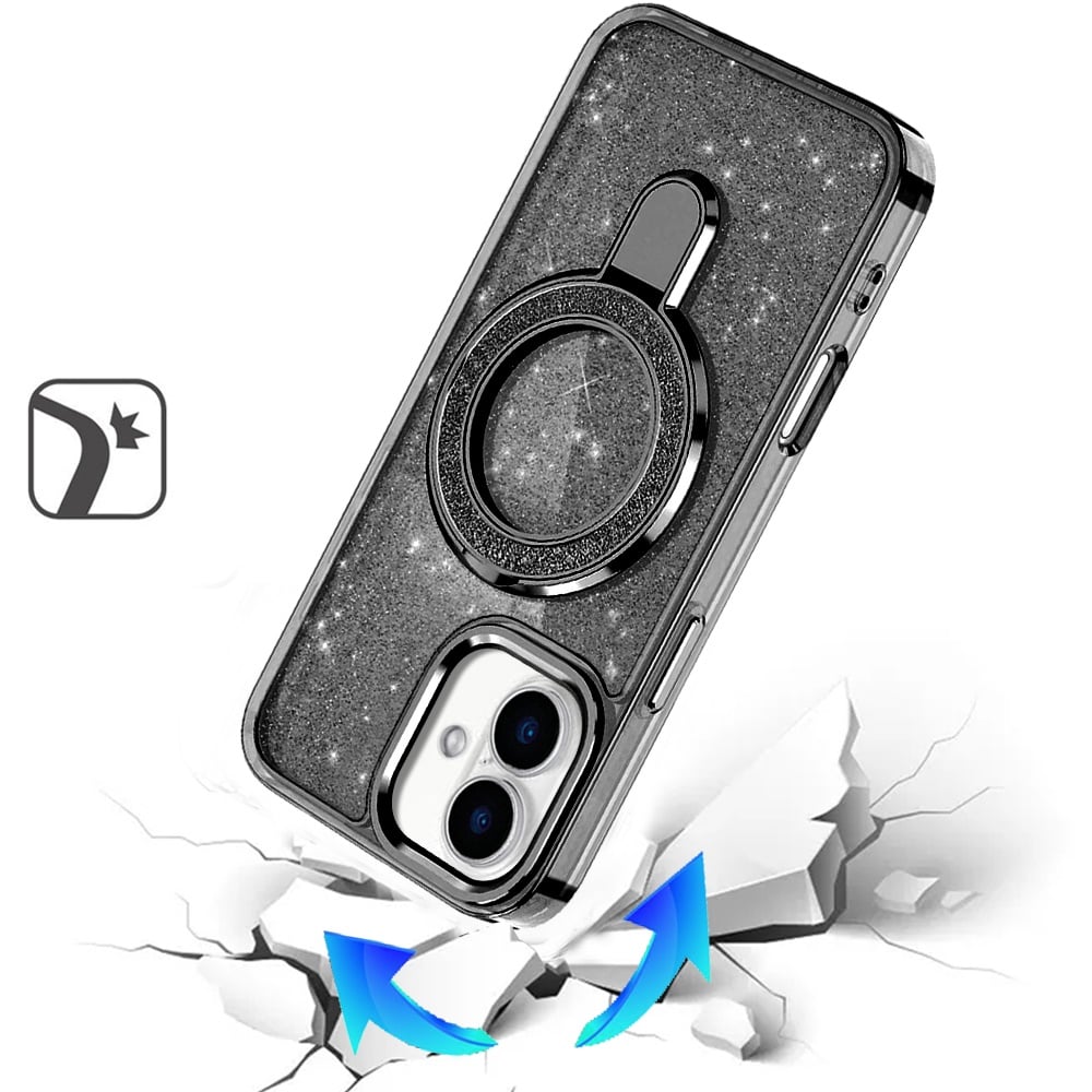 Phone Case for Apple iPhone 18/ iPhone 17 Transparent Glitter Bling Magnetic Ring Stand Shockproof Anti Slip Rotating Grip Protective Hybrid Durable Armor Cover