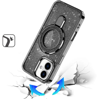 Phone Case for Apple iPhone 17/ iPhone 18 Transparent Glitter Bling Magnetic Ring Stand Shockproof Anti Slip Rotating Grip Protective Hybrid Durable Armor Cover