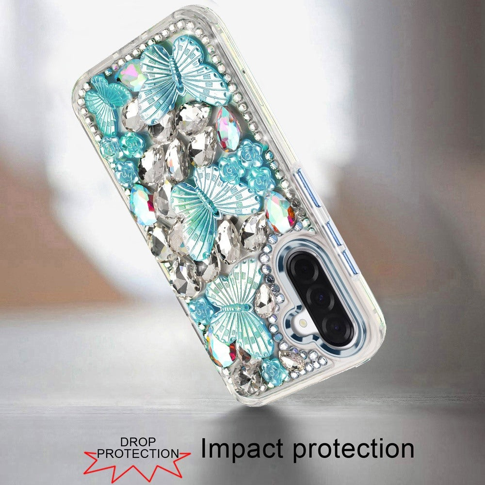 Phone Case for Samsung Galaxy A27 Luxury 3D Floral Butterfly Bling Rhinestone Glitter Shockproof Stylish Protective Hybrid Designer Metallic Cover