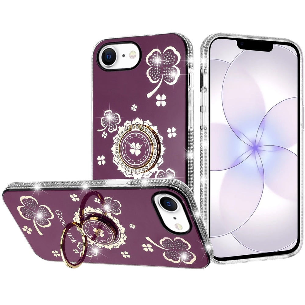 Phone Case for Apple iPhone 17E /16E Glitter Diamond Ring Stand Sparkle Rhinestone Edge AntiSlip Kickstand Luxury Fashion Bumper Shockproof Cover Red