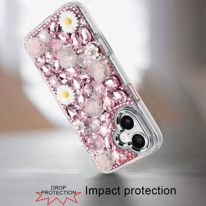 For Apple iPhone 16 (6.1") Fashion Daisy Floral Series, Full 3D Bling Crystal Diamonds Sparkling Rhinestone Glitter Hybrid Design Case Cover Pink
