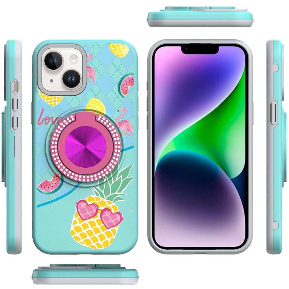 For iPhone 14/13 (6.1") Pattern Design Hybrid with Invisible Ring Stand & Magnetic Back, Shockproof Protective Grip Case Cover