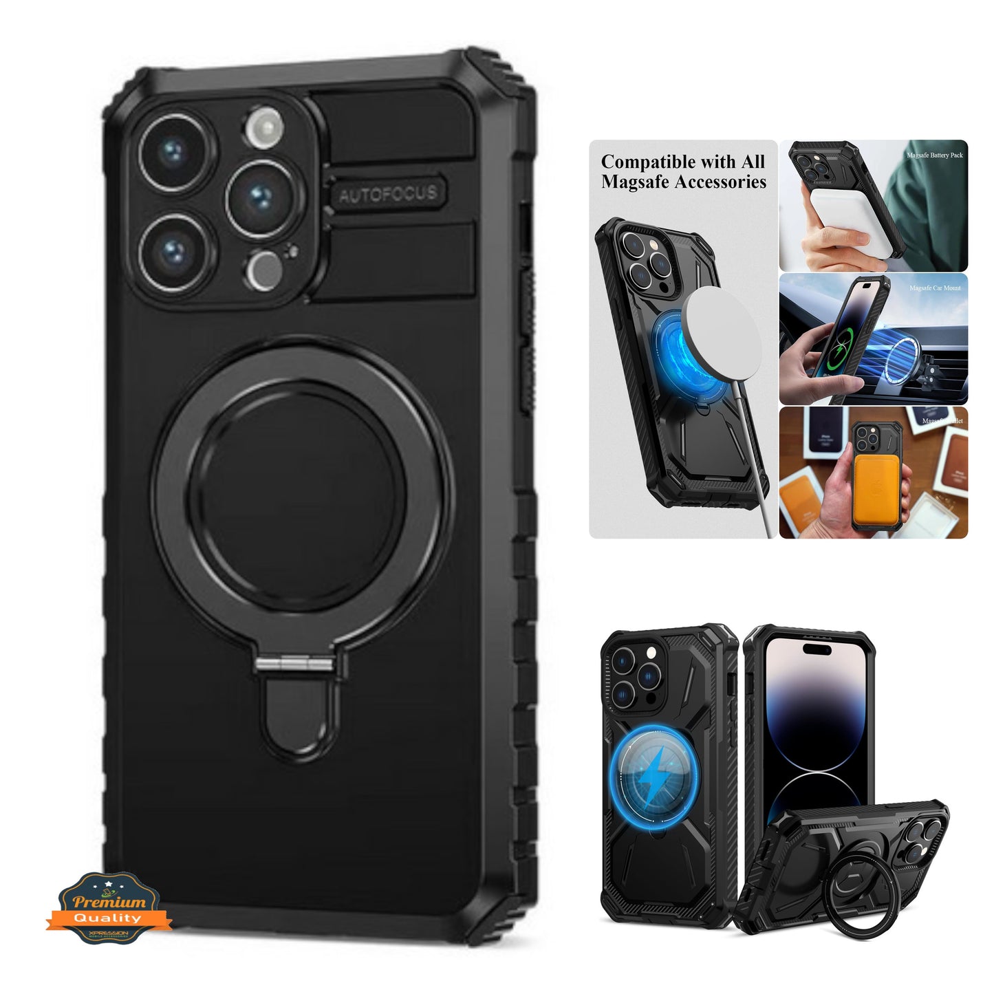 For Apple iPhone 15 Pro (6.1") Hybrid Bumper Invisible Stand Compatible with Magsafe 360° Ring Kickstand Shockproof  Phone Case Cover