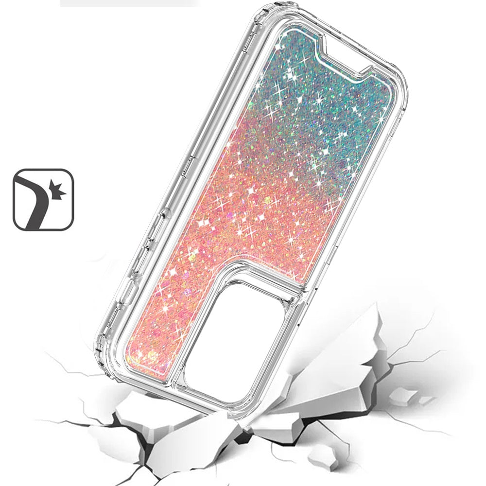 For Samsung Galaxy S24 Epoxy Bling Glitter Sparkly 3-in-1 Transparent Hybrid Full-Body Shockproof PC Bumper Case Cover Pink + Light Blue
