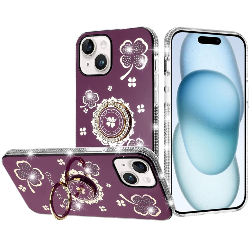 Phone Case for iPhone 15 Plus (6.7") Glitter Diamond Ring Stand Sparkle Rhinestone Edge AntiSlip Kickstand Luxury Fashion Bumper Shockproof Cover Red