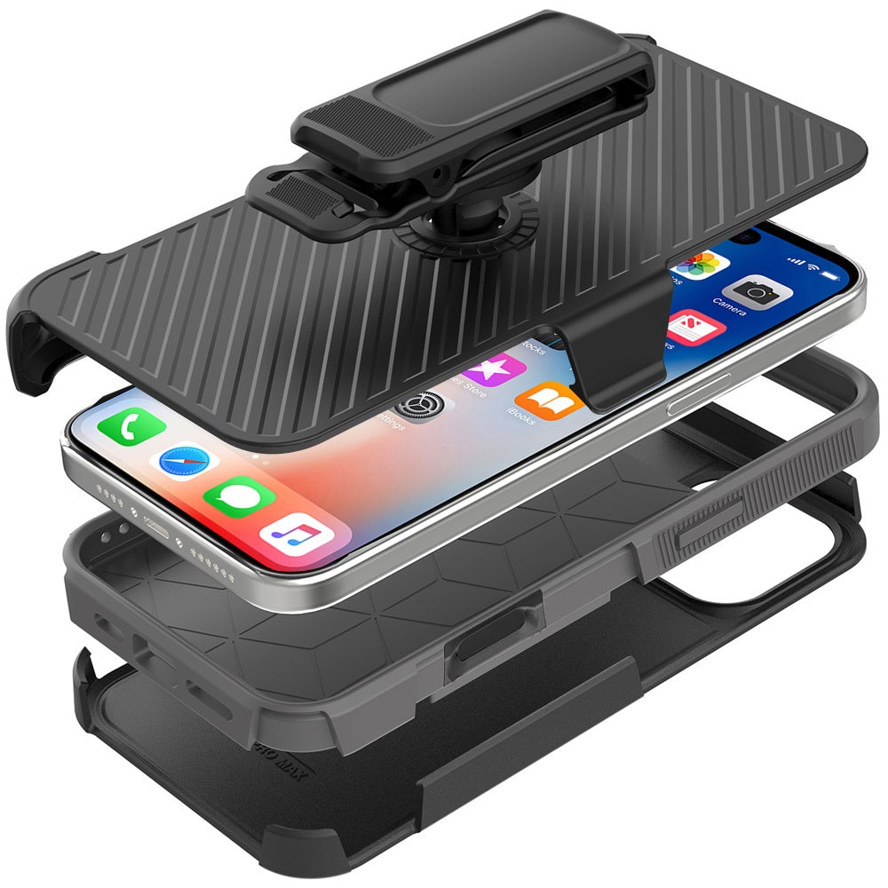 For Apple iPhone 16 Pro Max (6.9") Combo Hybrid lined with Belt Clip Holster Armor Shockproof Rugged Textured 2in1 Non Slip Tough Case Cover Black / Gray