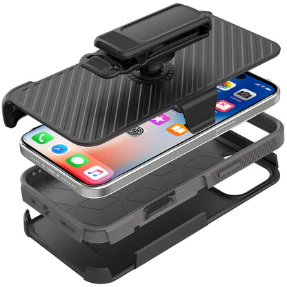 For Apple iPhone 16 Pro Max (6.9") Combo Hybrid lined with Belt Clip Holster Armor Shockproof Rugged Textured 2in1 Non Slip Tough Case Cover Black / Gray