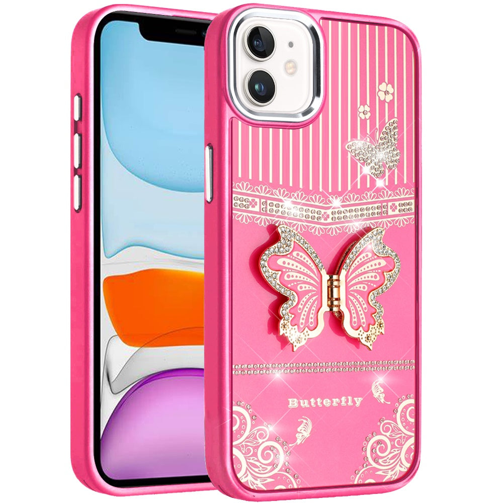 Phone Case for Apple iPhone 11 Glitter Bling Butterfly Stand Metallic Edge Hybrid Shockproof Grip Durable Camera Protection Stylish Design Cover Pink