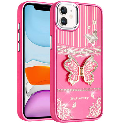 Phone Case for Apple iPhone 11 Glitter Bling Butterfly Stand Metallic Edge Hybrid Shockproof Grip Durable Camera Protection Stylish Design Cover Pink