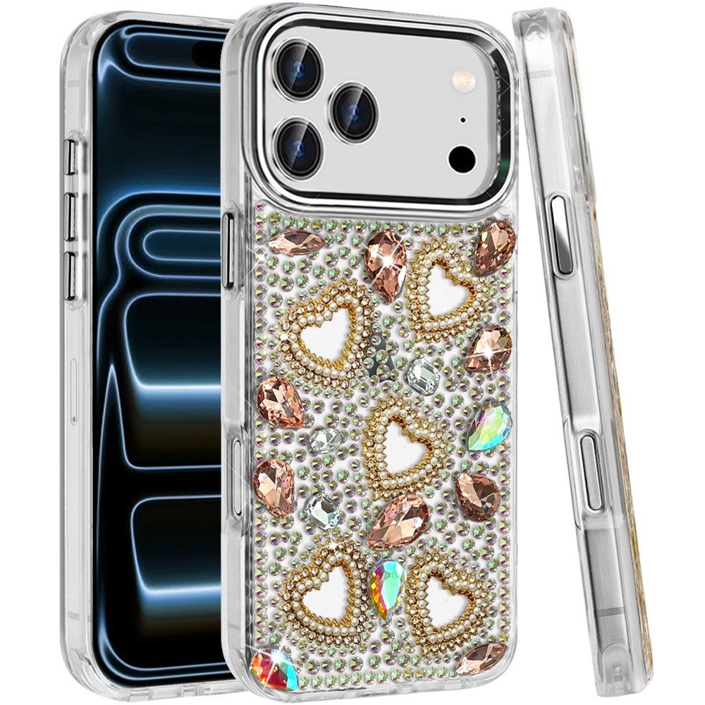 Phone Case for Apple iPhone 18 Pro Max Luxury Crystal Heart Rhinestone Diamond Bling Shockproof Hybrid Glitter Protective Stylish Durable Grip Cover