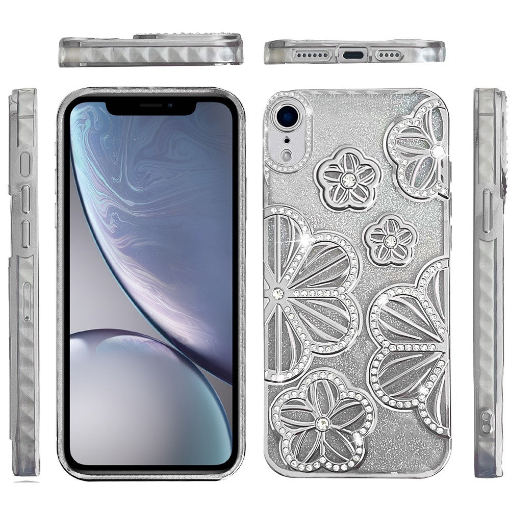 For iPhone XR Luxury Flower Design Sparkle Glitter Diamond Rhinestone Shimmer Bling Plating Thick TPU Hard PC Case Cover