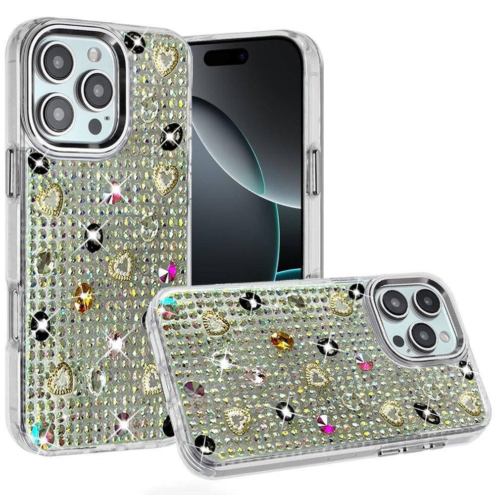 Phone Case for Apple iPhone 16 Pro Chrome Fashion Hybrid Bling Diamond Heart Rhinestone Decorative Stones Sparkling Embellished Design Cover