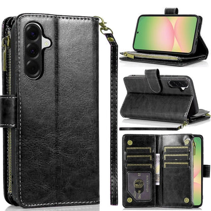 For Samsung Galaxy A57 Leather Wallet Case with Zipper, 9 Card Slots, Cash Pocket, Stand & Strap, Clutch Pouch Design Case Cover Black