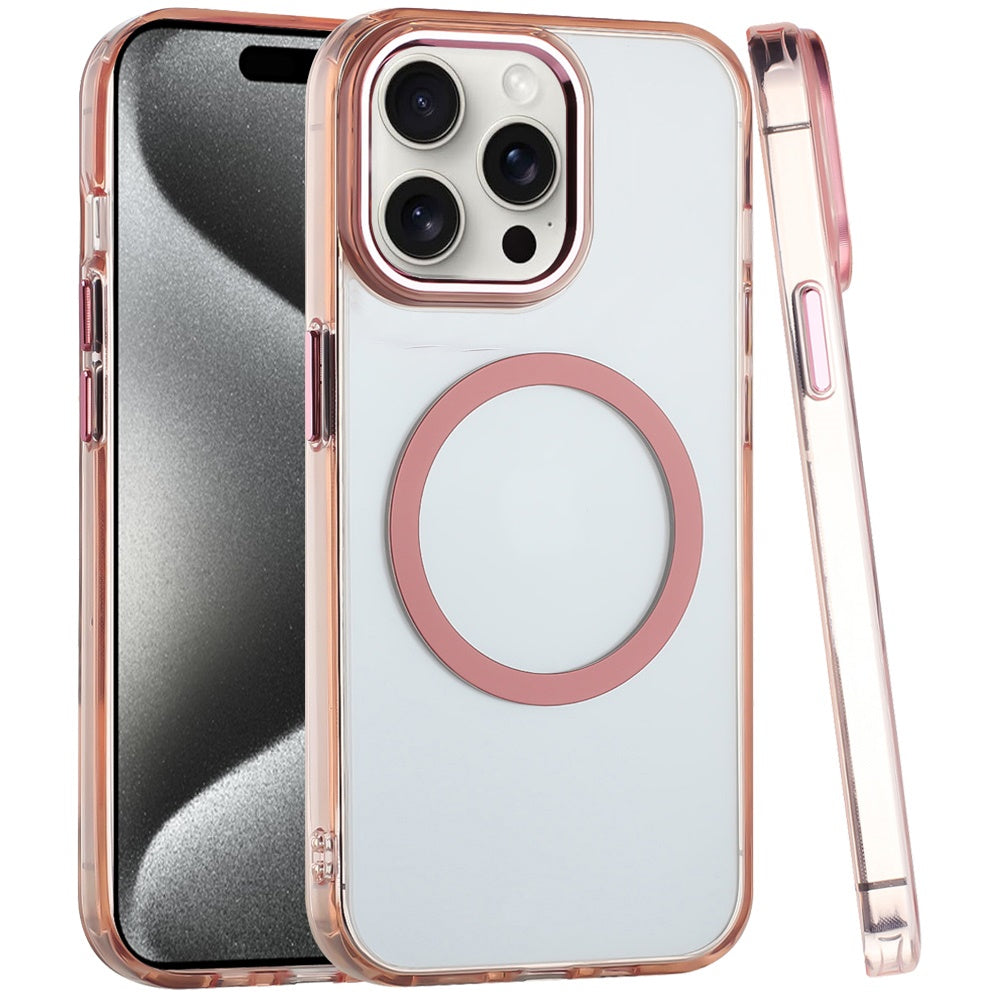 Phone Case for Apple iPhone 15 Pro Magnetic Clear Acrylic Metal Button Camera Guard Shockproof Transparent Slim Grip Premium Hybrid Cover Gold