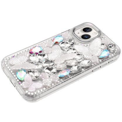 For Apple iPhone 15 3D Diamond Floral Butterfly Bling Stone Hybrid, Sparkly Rhinestone Gemstone Back Shockproof Case Cover