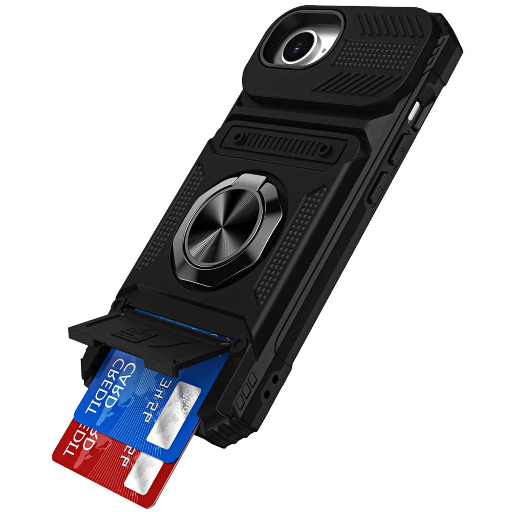Phone Case for Apple iPhone 17E /16E Multi Functional Card Slot Shockproof Metal Ring Hybrid Wallet Rugged Protective Grip Heavy Duty Durable Cover Black
