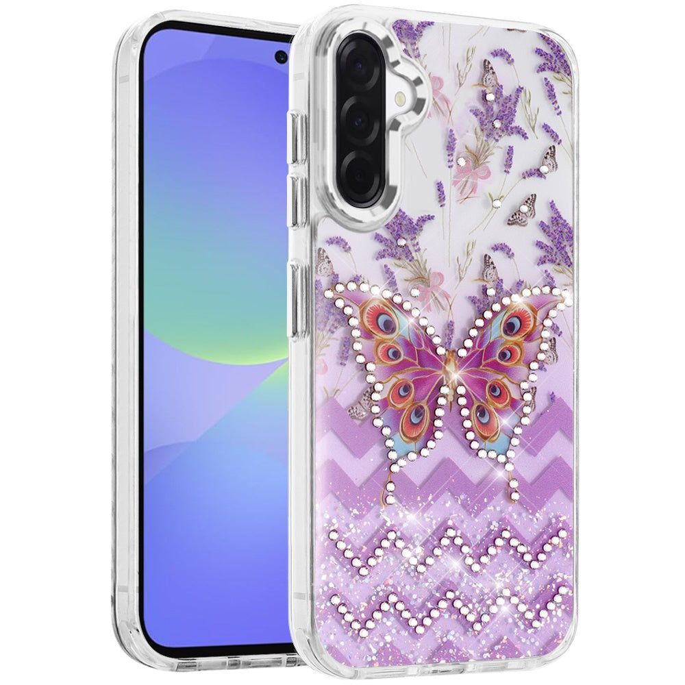 For Samsung Galaxy A37 Butterfly Resin Epoxy Diamond Design Metal Edged Hybrid Shockproof Heavy Duty Drop Protection Case Cover