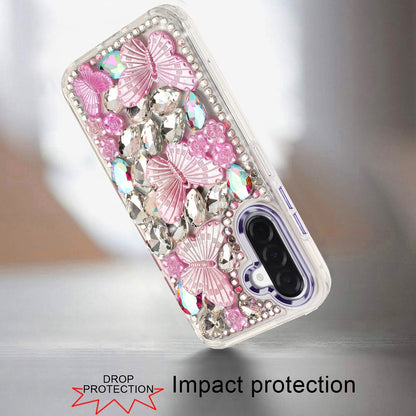 For Samsung Galaxy A17 5G 3D Diamond Floral Butterfly Bling Stone Hybrid, Sparkly Rhinestone Gemstone Back Shockproof Case Cover