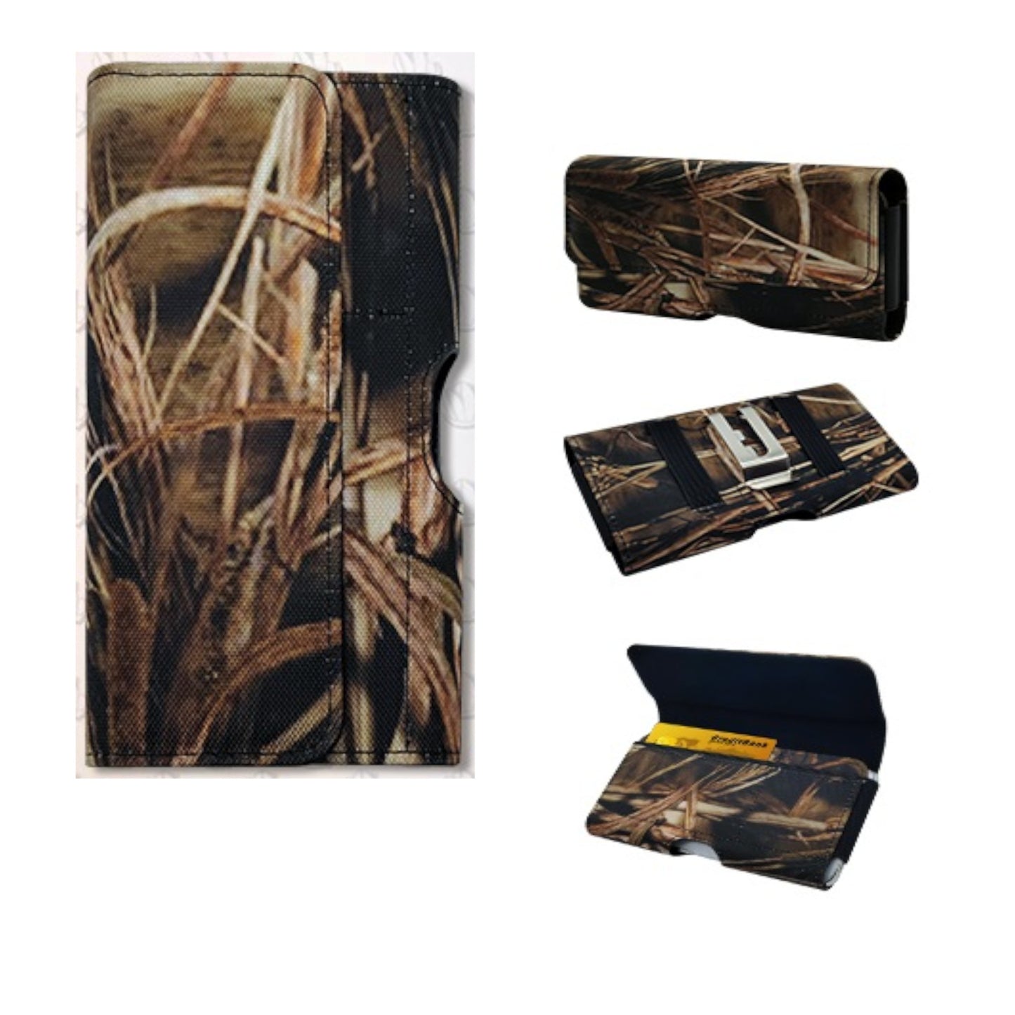 For Apple iPhone 16 (6.1") Universal Camo Leather Horizontal Holster Pouch with Credit Card Slots Wallet & Belt Loop Clip Carrying (Fits 6.1 inch) [Camouflage]