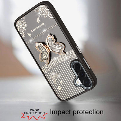 For Samsung Galaxy A57 Glitter 3D Butterfly Design Bling Metallic Edge Hybrid Stand Drop Protection TPU Shockproof Case Cover