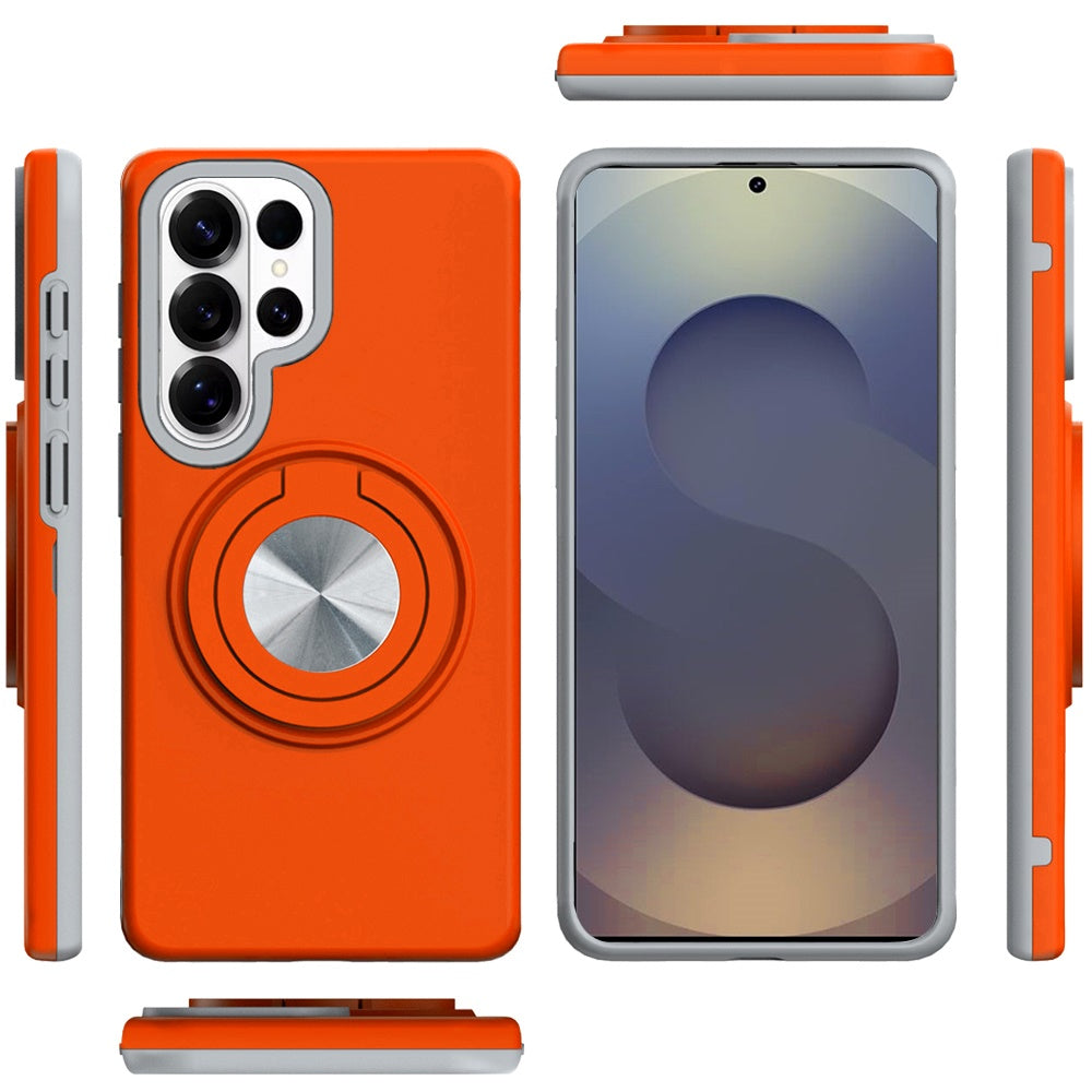 For Samsung Galaxy S25 Ultra Metal Matte Hybrid with Invisible Rotational Ring Stand, Car Mount Friendly, Military Grade Slim Fit Sturdy Case Cover Cosmic Orange