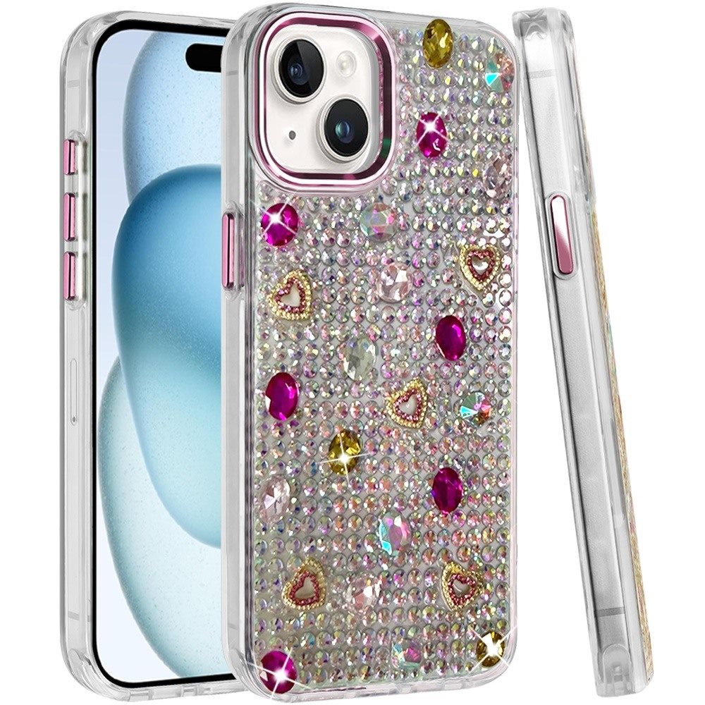 Phone Case for iPhone 15 Chrome Fashion Hybrid Bling Diamond Heart Rhinestone Decorative Stones Sparkling Embellished Design Cover