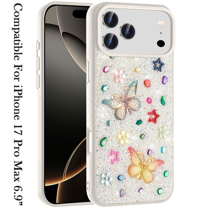 For Apple iPhone 17 Pro Max (6.9") Diamond Butterfly 3D Glitter Bling Design, Slim Hybrid Sparkle Protective Cover TPU for Women Girls Case Cover