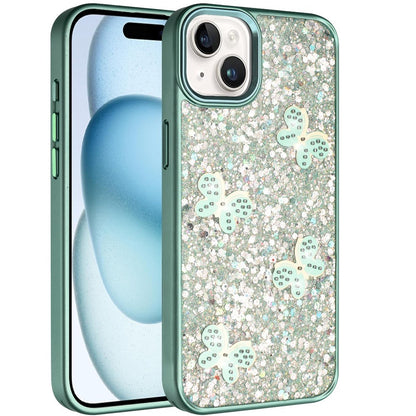 For iPhone 15 (6.1") Cute Butterfly Crystal Diamond Glitter Case Sparkle Bling Frame Metallic Edges, Shimmer TPU Hybrid Case Cover
