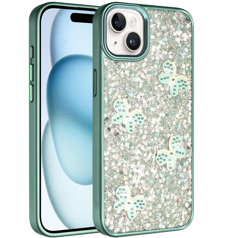 For iPhone 15 (6.1") Cute Butterfly Crystal Diamond Glitter Case Sparkle Bling Frame Metallic Edges, Shimmer TPU Hybrid Case Cover